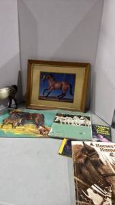 lot 1166 image: Horse figurine, framed and unframed horse pictures and books