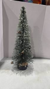 lot 1201 image: Frosted Bottle Brush Christmas Tree with Pine Cones 24 inches tall