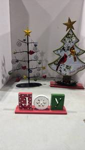 lot 1211 image: Christmas Decoration Set - Metal Tree, wooden tree with cardinals & JOY Block Display tallest is 21.5 inches