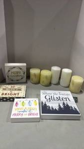 lot 1219 image: Holiday Decor Collection with Decorative Signs and Candles