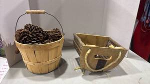 lot 1224 image: Wooden Harvest Baskets with Pine Cones