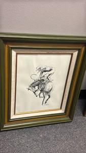 lot 1308 image: Framed Western Rodeo Bucking Horse wall decor signed 20x17.5