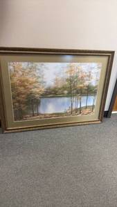 lot 1316 image: Framed pond and trees wall decor 32 x 44 in