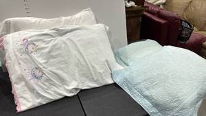 lot 1416 image: 2 embroidery pillow cases with pillows and 2 standard shams with pillows
