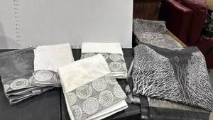 lot 1420 image: Bath towels, shower curtain, rings and rug