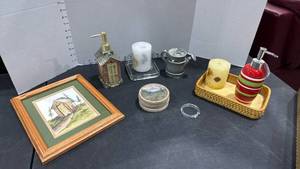 lot 1424 image: Soap dispensers, candles, coasters and print 11.5x9.5