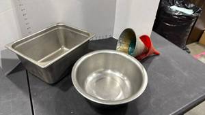 lot 1438 image: Stainless steel pans and funnels