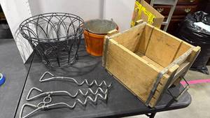lot 1447 image: Wooden planter 9.5x15x11 with handles, wire planters, 2 buckets and tie downs