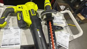 lot 1464 image: Ryobi cordless blower and hedger with battery charger and battery