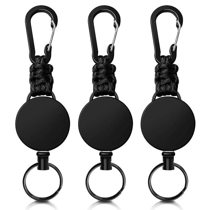 lot 35728 image: Retractable Keychain 3 Pack Heavy Duty Carabiner Badge Holder Extendable Reel ID Badge Holders Retractable for Keys Ring with 60 cm Steel Cord and Lanyard (Black) - Retail $7