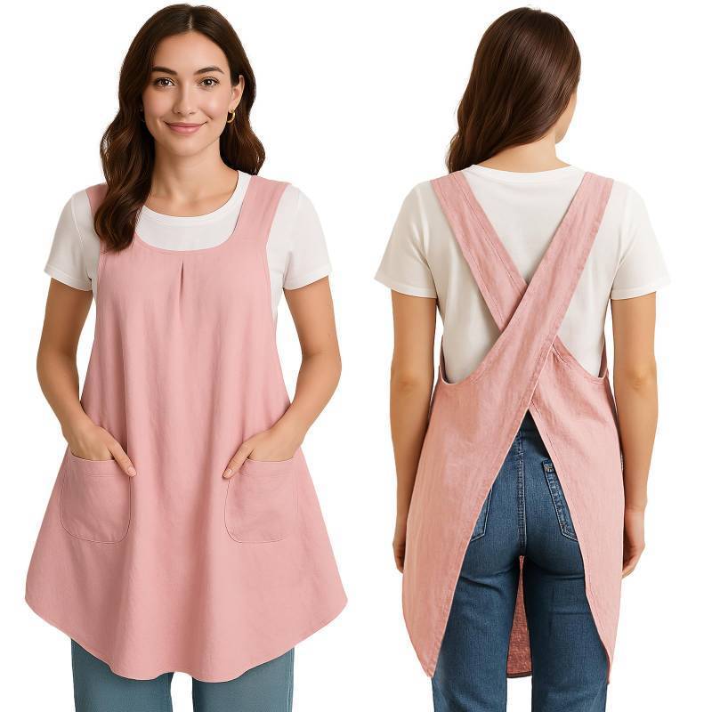 lot 44745 image: Apron for Women with Pocket Cotton Linen, Japanese Cross Back Apron for Gardening Painting (Pink) - Retail $20