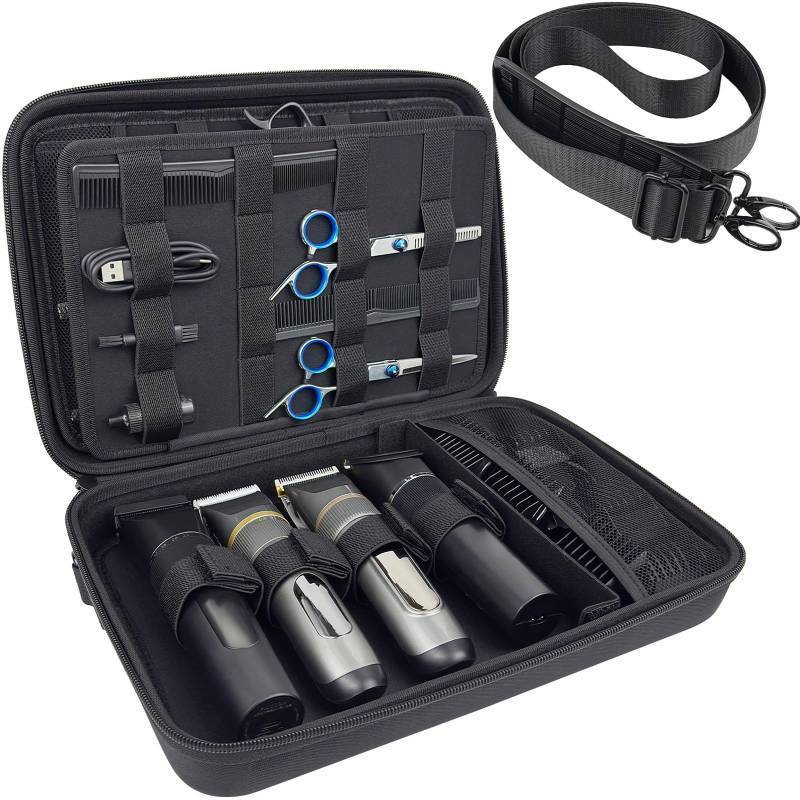 lot 55566 image: Barber Bag Hard Travel Barber Case for Hair Clippers with Adjustable Shoulder Strap, Large Barber Carrying Case Clipper Storage Organizer Bag for Hair Cutting Supplies -Black - Retail $23