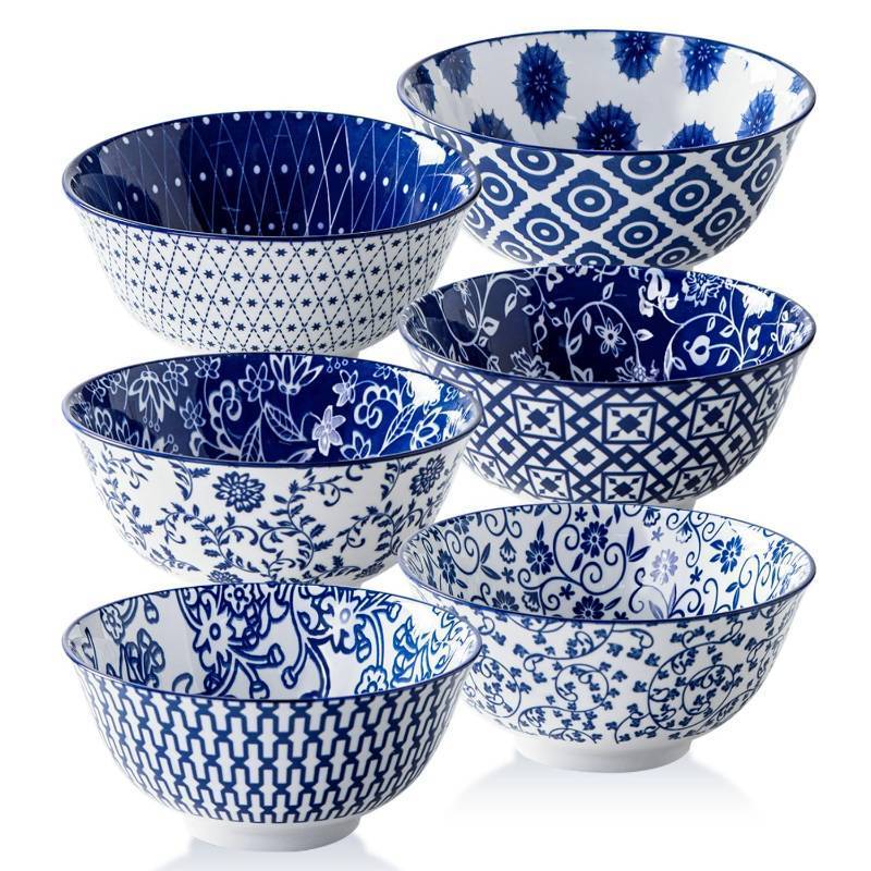 lot 55765 image: Ceramic Soup Bowls Set - 24 Oz Deep Cereal Bowl for Kitchen - 6 Inch Large Porcelain Dinner Bowl Eating Salad Pasta Dessert Oatmeal - Microwave Dishwasher Safe - Set of 6 - Vintage Blue - Retail $30