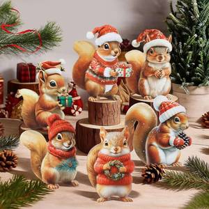 lot 16303 image: 6 Pcs Christmas Squirrel Table Decorations Wooden Squirrel Figurines Woodland Animals Rustic Xmas Winter Centerpiece for Tabletop Tiered Tray Fireplace Office Indoor Forest Decor Gift - Retail $16