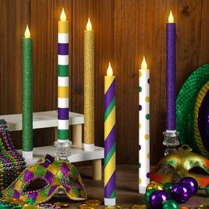 lot 16314 image: 6 Pcs Mardi Gras Flameless Taper Candles 10.6 Inch Purple Green and Gold Candles Battery Operated LED Candlesticks for Mardi Gras Dinner Table Centerpiece Indoor Outdoor Party Home Decor - Retail $25
