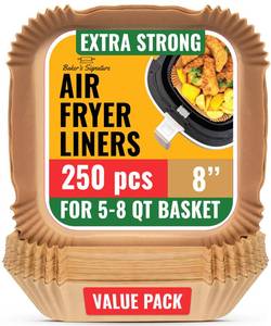 lot 16327 image: 250 pcs Air Fryer Liners, Disposable Airfryer Paper Liners Non-Stick and Oil Proof for Easy Cleanup, Great for Oven, Pans & Baking Square for 5-8 qt Basket by Bakers Signature - Retail $19