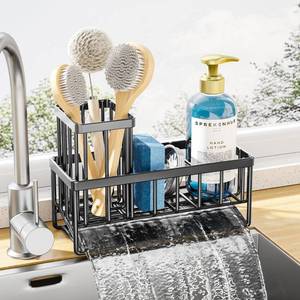 lot 16339 image: Sponge Holder for Kitchen Sink - Rustproof Stainless Steel Sink Caddy Organization and Storage Essentials with High Brush Holder, Home Decor Accessories, 7.9 x 3.7 x 6.2, Black - Retail $13