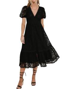 lot 16343 image: Lace Dress for Women 2025 V-Neck Lantern Sleeve Hollow Out Button Down Slim High Wasit Midi Dress (Large, Black) - Retail $36