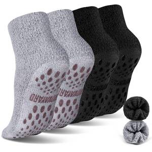 lot 16348 image: 4 Pairs Non Slip Fuzzy Socks Hospital Slipper Crew Grip Cozy socks Men Women(BlackGrey,Medium) - Retail $15