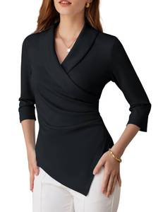 lot 16355 image: GRACE KARIN Women Wrap Black Dressy Blouses Tops 34 Sleeve Work Business Lapel V Neck Fall Fitted Blouse XL - Retail $27
