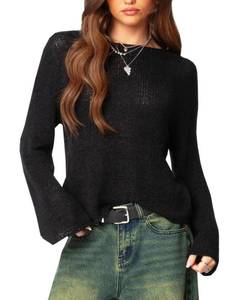 lot 16358 image: Women Boat Neck Long Sleeve Lightweight Sheer Sweater Pullover See Through Knit Poncho Top Black xs - Retail $24