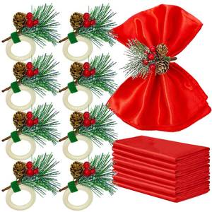 lot 16406 image: Christmas Napkins and Rings 8 PCS Christmas Napkin Rings Snowy Pine Cone Poinsettia Red Berry Wood Napkin Ring Holders Decor for Holiday Party Gathering Dinner (Napkins not included) - Retail $16
