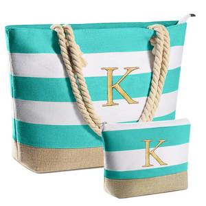 lot 16412 image: Mothers Day Gifts, Birthday Gift for Women Teacher Bridesmaid Daughter Friend Personalized Beach Bag Initial Beach Tote & Cosmetic Bag K - Retail $30