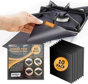 lot 16417 image: 9 pack, gas stove protector, stove burner liners, stovetop range protectors, set top burner covers black, size 10.6 x 10.6 non stick reusable cover easy to clean, double thickness - Retail $10