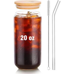 lot 16437 image: Glass Cups with Lids and Straws 1Pack,Glass Coffee Cups with Lid, Smoothie Cup, Beer Glasses, Cocktail Glasses for Whiskey,Soda-20 Oz Glass Tumbler with Straw,1 Brush - Retail $9