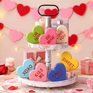 lot 16455 image: 7 Pcs Valentine Day Decorations Conversation Heart Sign Resin Pastel Candy Heart Decor Sweetheart Table Decorations Centerpiece for Galantines Decor Valentine Tiered Tray Shelf Mantel Office - Retail $12