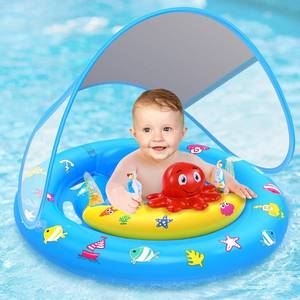 lot 16487 image: Baby Pool Float with Canopy, Inflatable Baby Swim Float with UPF50 Sun Protection, Toddler Infant Pool Float with Toy Play Console Adjustable Safety Seat for Kids Girls Boys Aged 6-36 Months - Retail $36