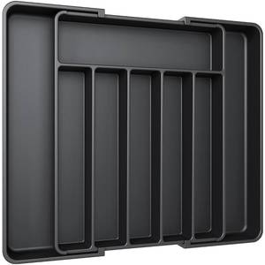 lot 16520 image: Silverware Organizer - Expandable Kitchen Drawer Organizer, Adjustable Utensil Organizer, Cutlery Tray for Forks, Knives, Multipurpose Kitchen Organizers and Storage Solution, Black, Large - Retail $10