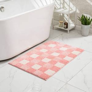 lot 16521 image: Checkered Bath mats Non Slip, Plush Shaggy Bath Rugs for Bathroom Washable, Buffalo Plaid Bath mat, Pink Christmas Bathroom Rugs, Blossom Pink, 47 x 24 - Retail $49