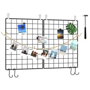 lot 16540 image: Photo Wall Grid Panel Set of 2, Decor Grid Panel, Photo Display Shelves, Hooks, Clips, Hemp Cord, Hammer, 15.7 11.8, Black UWWGM3402B - Retail $16