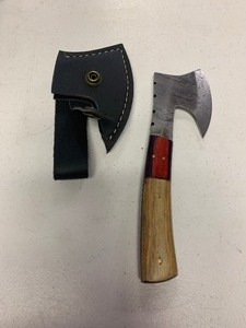 lot 34 image: Handcrafted Damascus Steel Full Tang Cheese Axe Hunting Fishing Wood Handle with sheath approx 7.5 inches