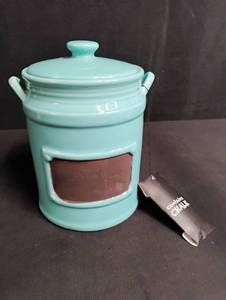 lot 1070 image: Turquoise Ceramic Kitchen Canister with Chalkboard Label