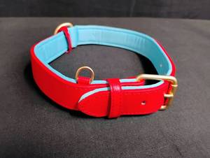 lot 1110 image: Red and Turquoise Leather Dog Collar with Gold Hardware