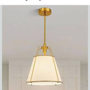 lot 8082 image: Modern Pendant Light Fixtures with 13 Off-White Linen Fabric Shade, Adjustable Hanging Light Fixture,Drum Gold Vintage Chandelier