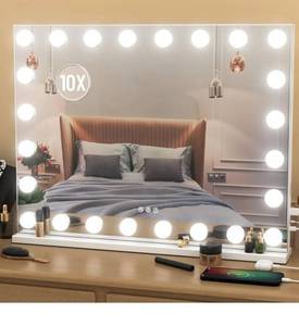 lot 8091 image: Vanity Mirror with Lights, 32x 24 Large Hollywood Vanity Mirror with Detachable 10X Magnification & 24 Dimmable 3 Colors Modes LED Bulbs, Tabletop or Wall Mounted,White