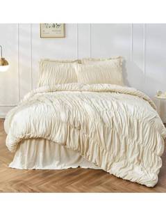 lot 8096 image: Bonlino Queen Comforter Set - Ruched Comforter Queen Size Bed Set Boho Shabby Chic Bedding for Bedroom Comforter Fluffy 3 Piece Ruffle Comforter Set with Pillow White Bedding Soft