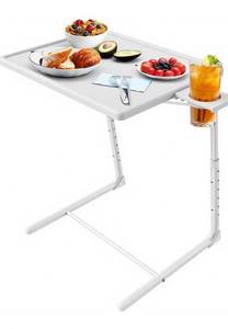 lot 8122 image: HUANUO Adjustable TV Tray Table - TV Dinner Tray on Bed & Sofa, Comfortable Folding Table with 6 Height & 3 Tilt Angle Adjustments (White)