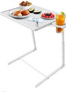 lot 8144 image: HUANUO Adjustable TV Tray Table - TV Dinner Tray on Bed & Sofa, Comfortable Folding Table with 6 Height & 3 Tilt Angle Adjustments (White)