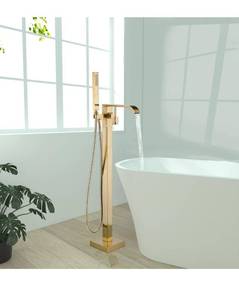 lot 8153 image: Freestanding Bathtub Faucet Brushed Gold Floor Mount Waterfall Tub Filler High Flow with Hand Shower Solid Brass 360 Degree Swivel Standing Mixer Taps for Bathroom