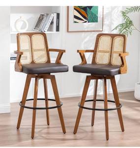 lot 8169 image: Set of 2 Bar Height Bar Stools - 30 inch Walnut Bar Stools with Cane Back,