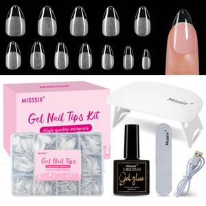 lot 8177 image: Misssix Short Almond Gel Nail Tips Kit, 216Pcs Pre Etched Clear Fake Nails, Full Cover False Nail 9-in-1 Gel Glue and Portable Mini U V Nail Lamp for Women 12 Sizes