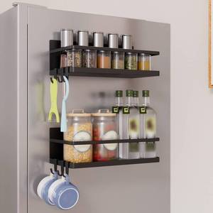 lot 8190 image: KMUZAWN Magnetic Spice Rack for Refrigerator, 2 Pack Magnetic Shelf, Fridge Magnet Organizer with Moveable 6 Hooks, Magnetic Fridge Shelf for Kitchen Organization and Storage(Black, 2 Pack)