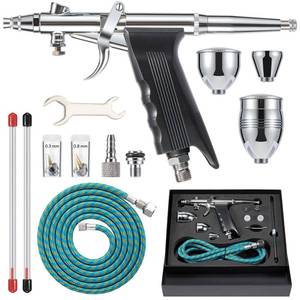 lot 8194 image: Airbrush Kit, Air Brush Painting Set, Double Action Trigger Airbrush Gun with 0.3mm0.5mm0.8mm Needles, 2cc5cc13cc Paint Cup, Airbrush Spray Tool Set for Painting Nails Cake Tattoo Makeup
