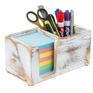 lot 8273 image: MyGift Shabby White Washed Solid Wood Sticky Note and Stationery Holder Stand, Office Desktop Storage Caddy for Self Adhesive Memo Pads Pen Pencil Marker