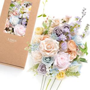 lot 8314 image: Lings moment Fake Flowers Box, Faux Artificial Greenery Stems Foam Roses Gardenia Silk Ranunculus Fabic Flower for Centerpieces Bouquet Wedding Vase Decorations, Powder Blue & Peach, Deluxe Combo