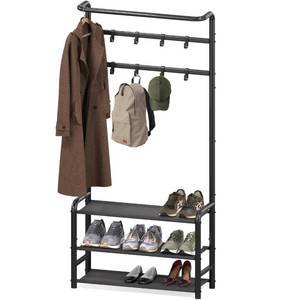 lot 8338 image: Simple Houseware Coat Rack with Storage Shelf, Freestanding Hall Tree with Hooks for Entryway, Bedroom, Office, Black Metal Clothes Hanger Stand for Coats, Hats, Jackets, Bags - Black